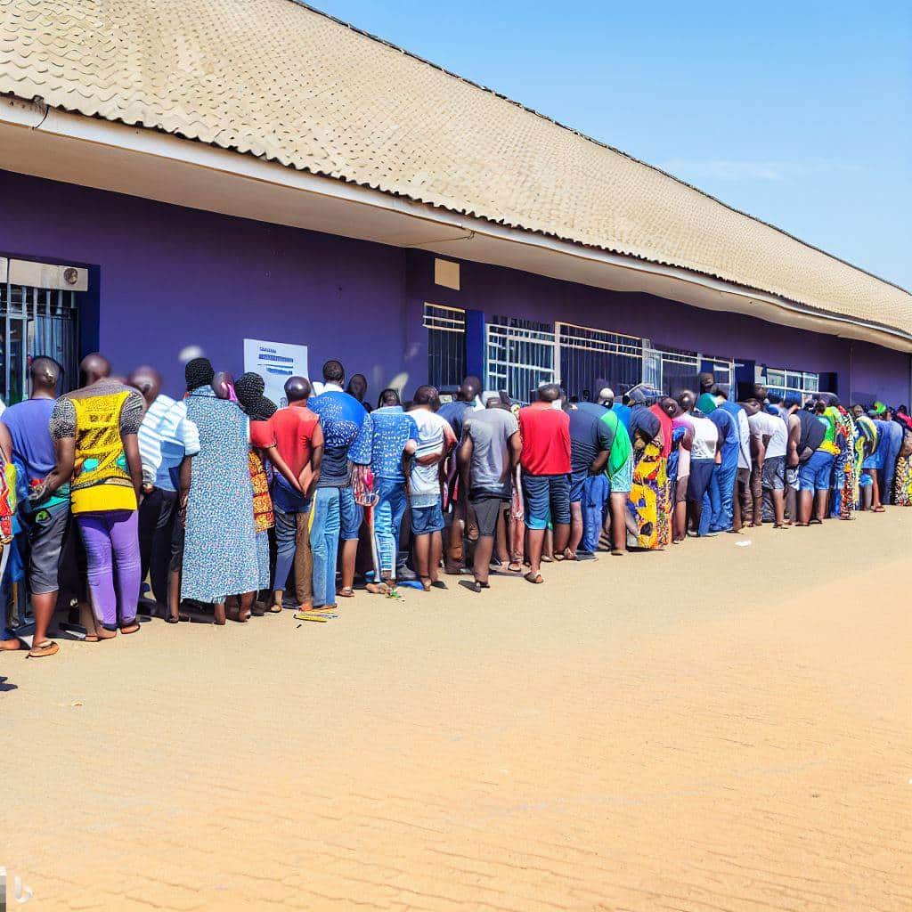 long queue of african people outside post office